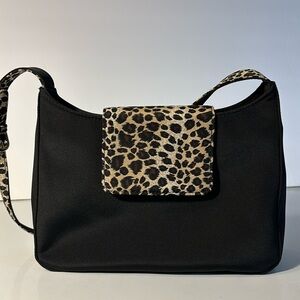 Liz Claiborne Beautiful satin purse black with leopard print and silver hardware